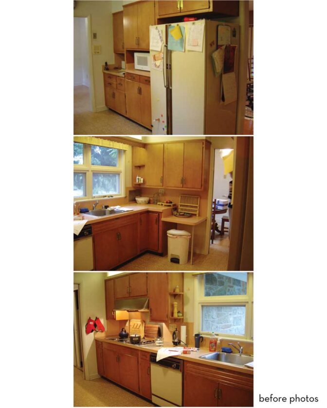 The formerly cramped kitchen's cherry cabinets dated back to the 1960s. The outdated sheet linoleum and pink laminate countertops were installed in the 70s.